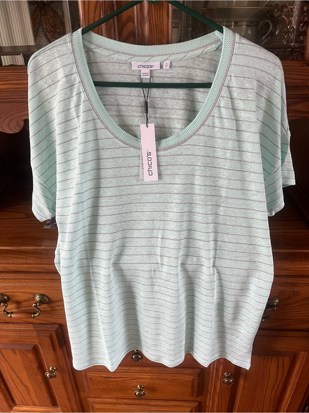 Chico's Mint and Silver Striped Scoop Neck Tee “Brand New” with Tags